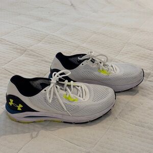 Under Armour White and Navy Athletic Shoes with Yellow Accents